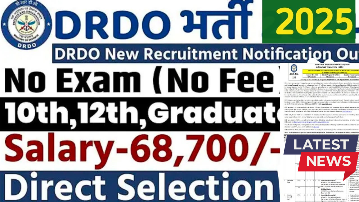 DRDO Recruitment 2025 No Exam, 127+ Scientist B Vacancies for Freshers – Apply Online